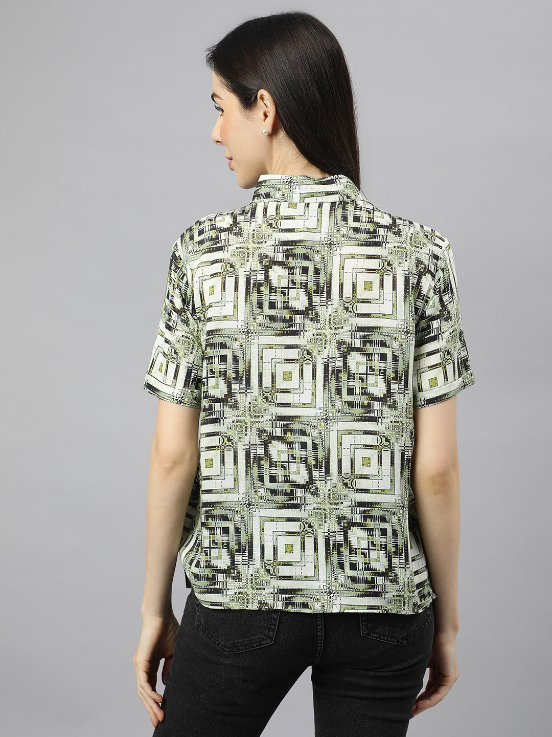 Valbone Women’s Green Modal Silk Printed Shirt Half Sleeves