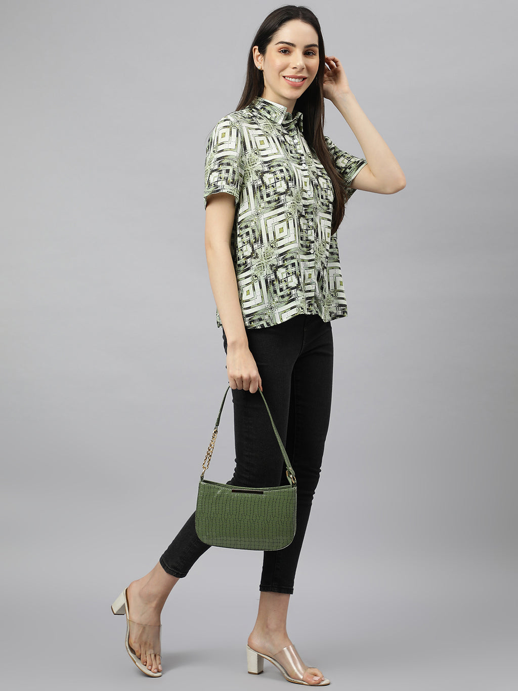 Valbone Women’s Green Modal Silk Printed Shirt Half Sleeves