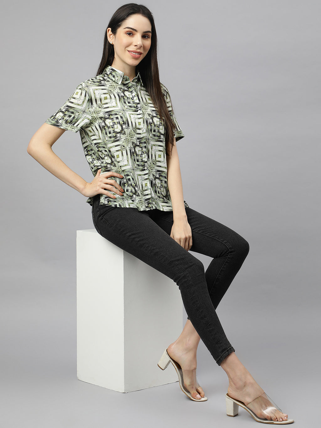 Valbone Women’s Green Modal Silk Printed Shirt Half Sleeves