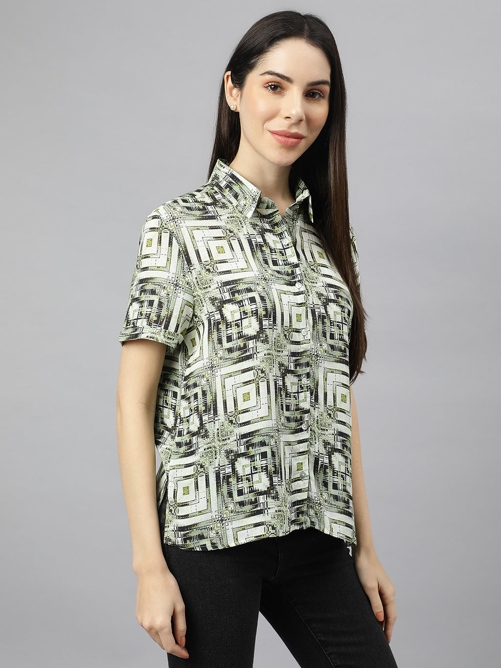 Valbone Women’s Green Modal Silk Printed Shirt Half Sleeves
