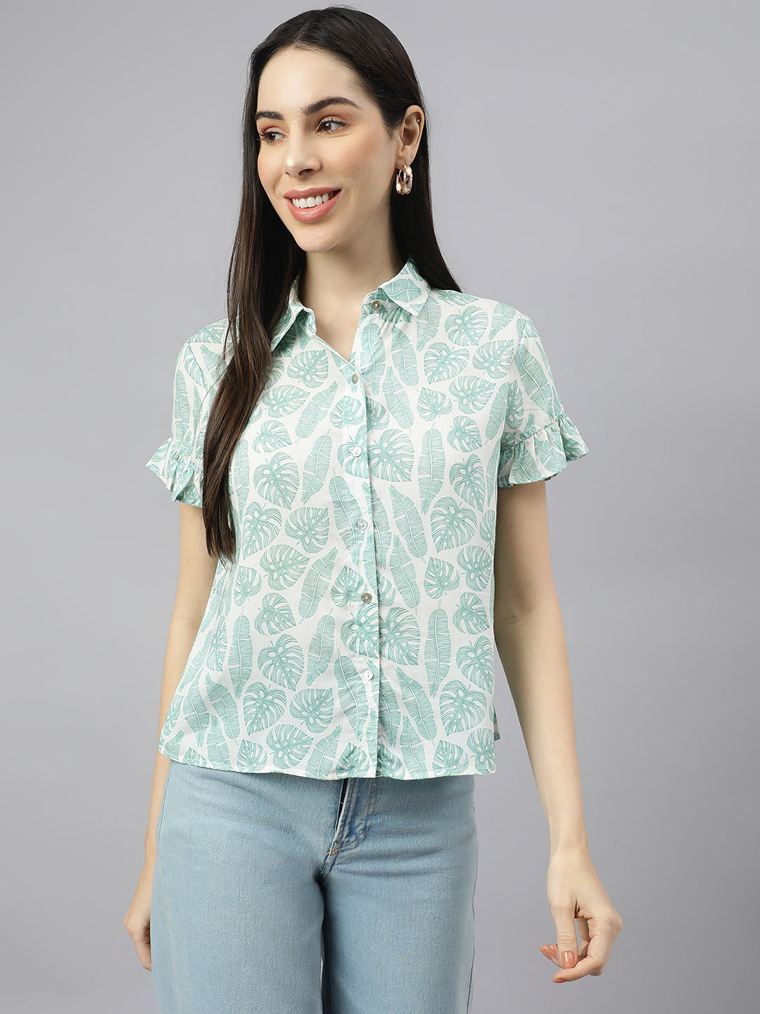 Valbone Women’s Light Green Modal Silk Printed Shirt