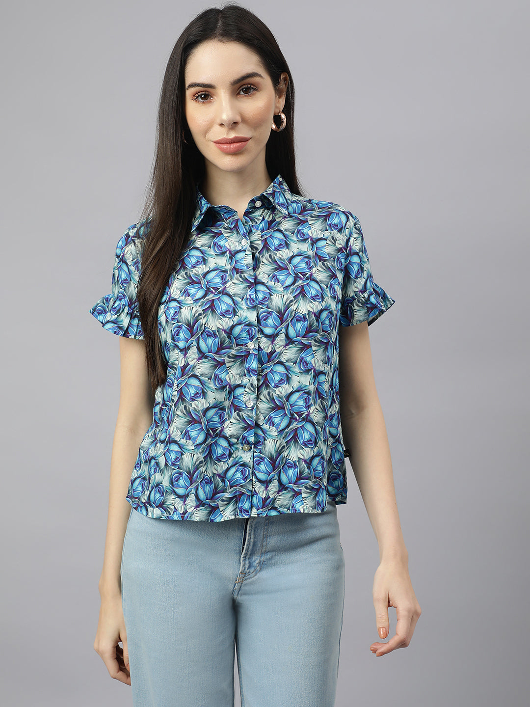 Valbone Women’s Blue Modal Silk Printed Shirt