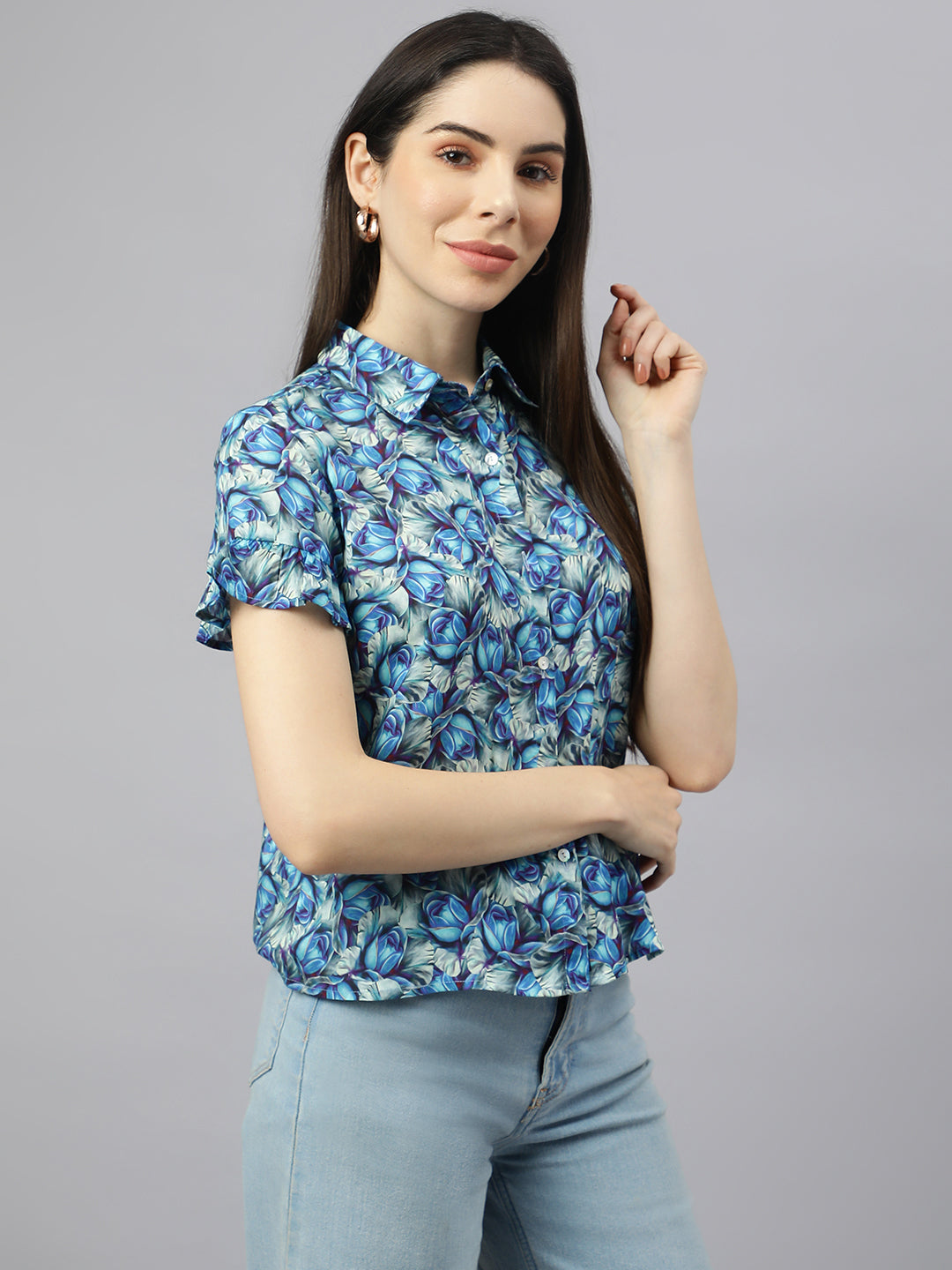 Valbone Women’s Blue Modal Silk Printed Shirt