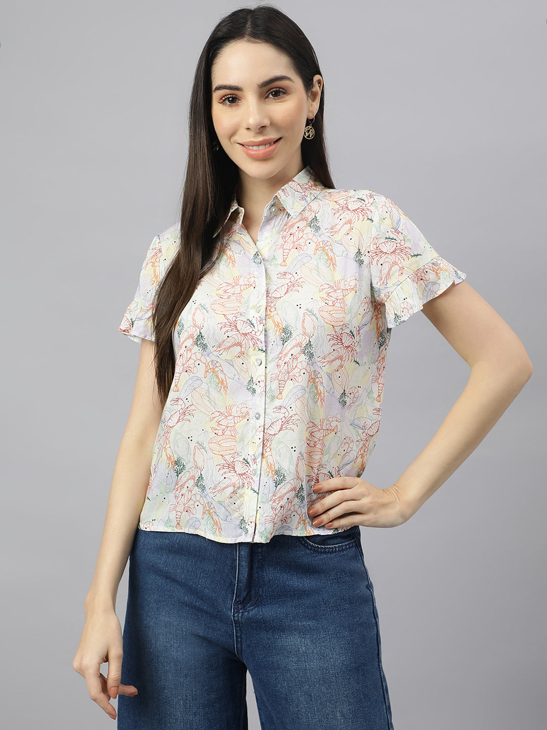 Valbone Women’s White ( Sea Food) Modal Silk Printed Shirt
