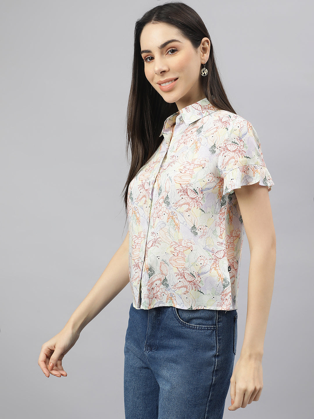 Valbone Women’s White ( Sea Food) Modal Silk Printed Shirt