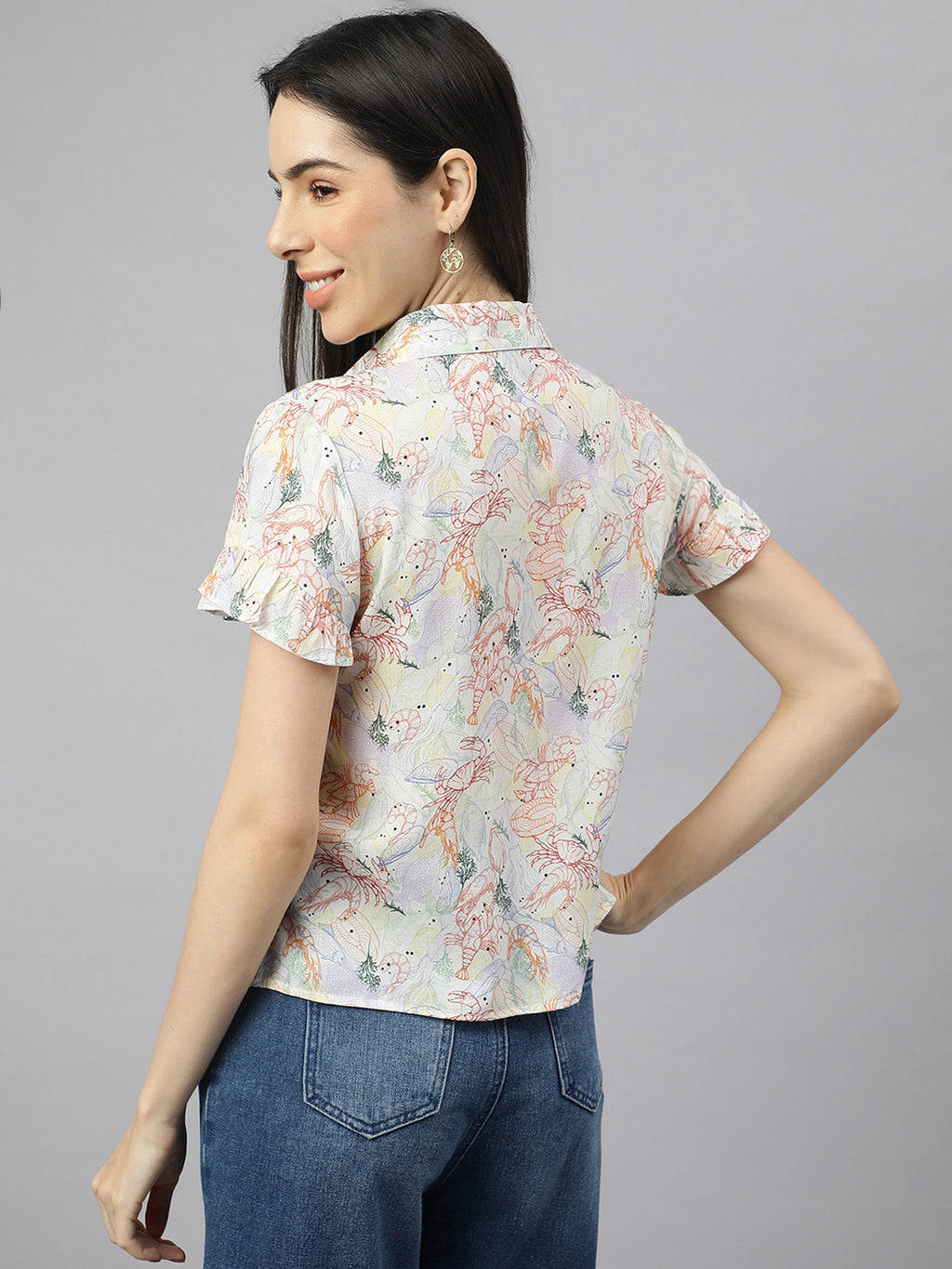 Valbone Women’s White ( Sea Food) Modal Silk Printed Shirt