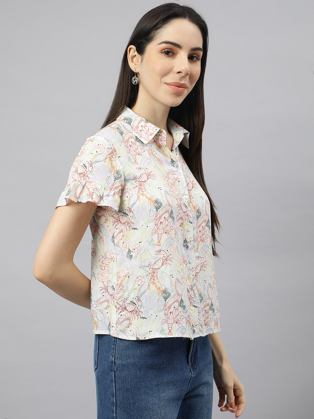 Valbone Women’s White ( Sea Food) Modal Silk Printed Shirt