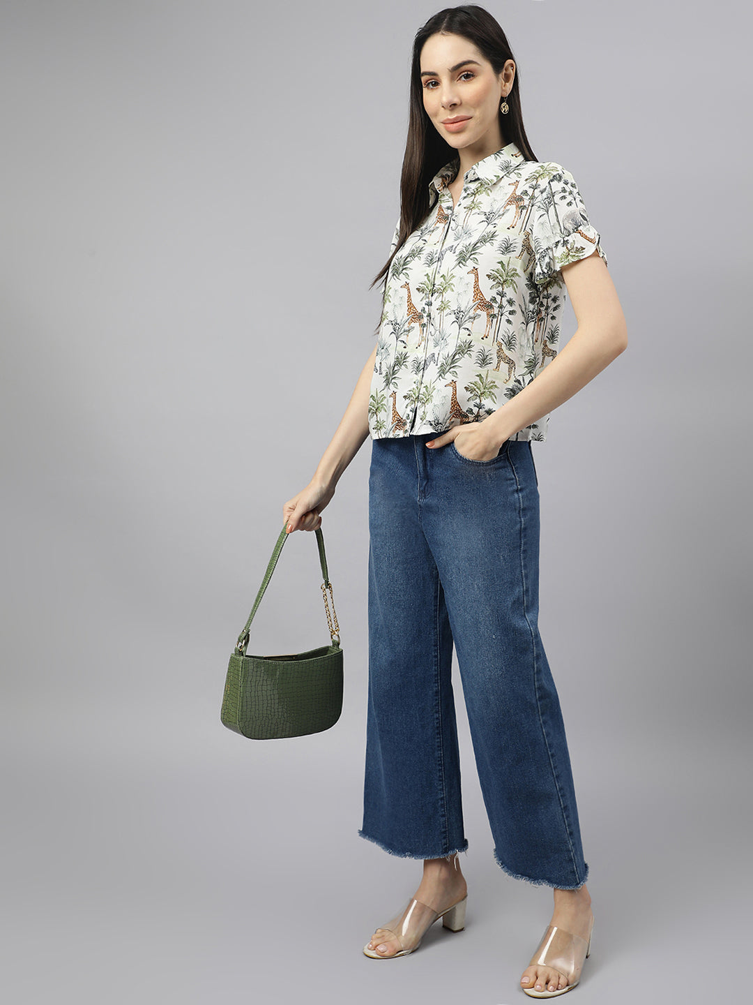 Valbone Women’s Green Modal Silk Printed Shirt Half Sleeves