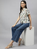 Valbone Women’s Green Modal Silk Printed Shirt Half Sleeves