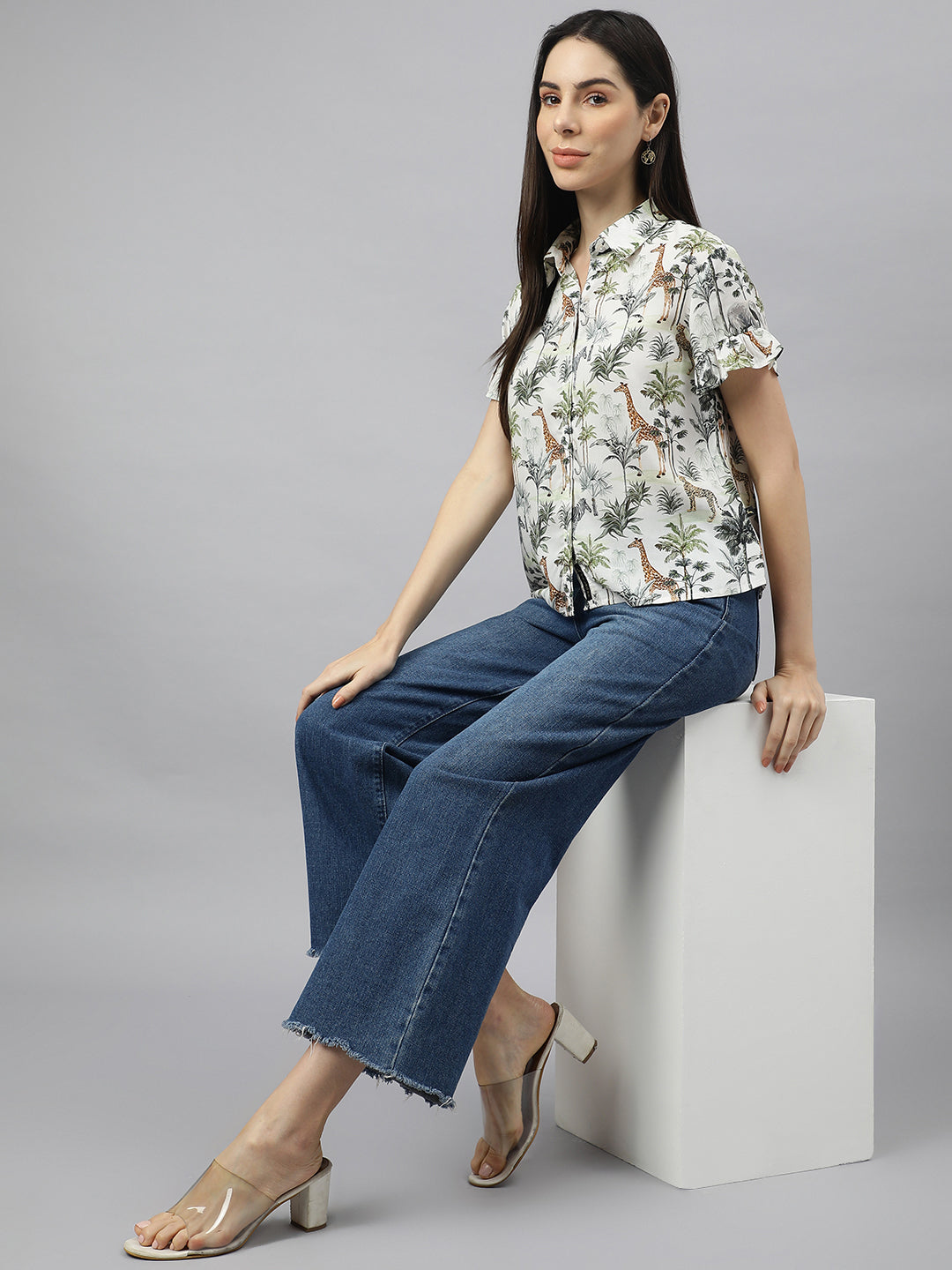 Valbone Women’s Green Modal Silk Printed Shirt Half Sleeves