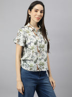 Valbone Women’s Green Modal Silk Printed Shirt Half Sleeves