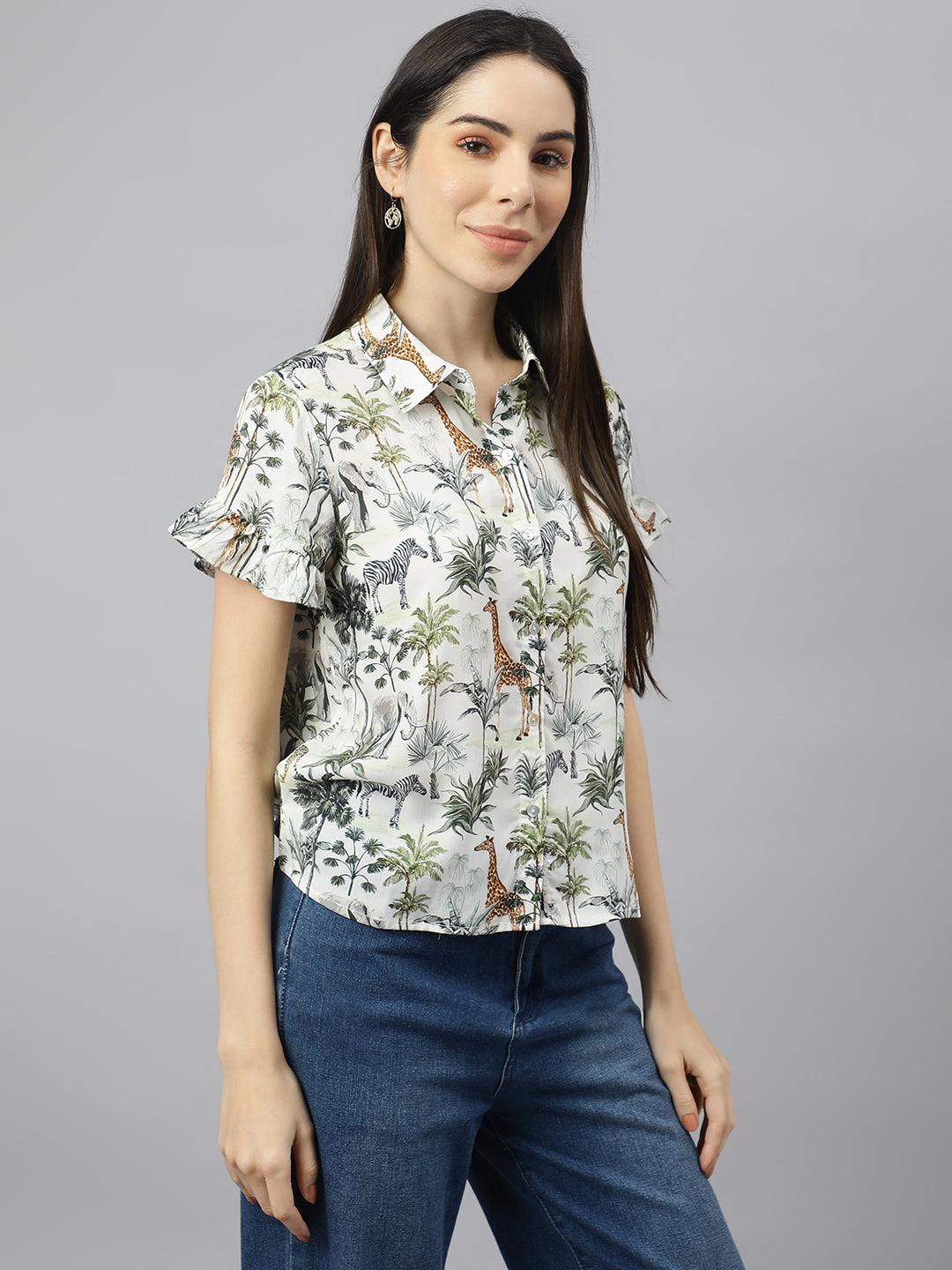 Valbone Women’s Green Modal Silk Printed Shirt Half Sleeves