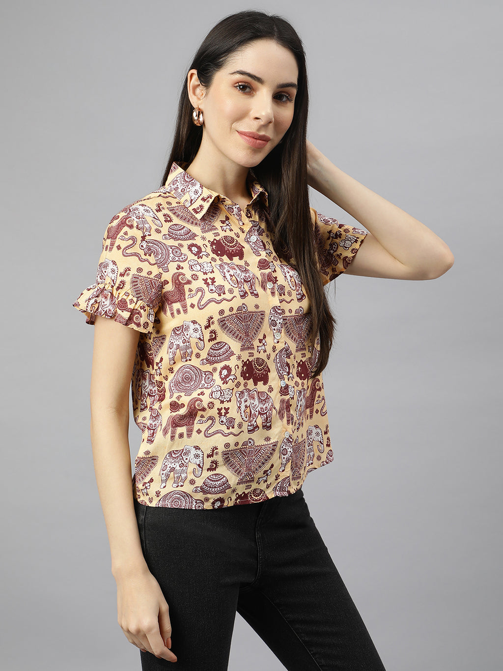 Valbone Women’s Maroon Modal Silk Printed Shirt